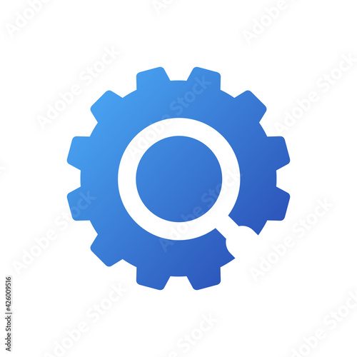 Investigación industrial. Engranaje con lupa en espacio negativo de color azul