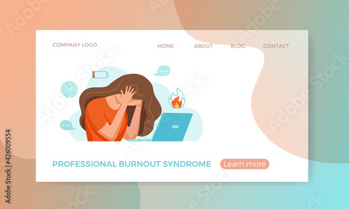 Professional burnout syndrome exhausted man tired sitting at her workplace in office holding her head vector illustration.