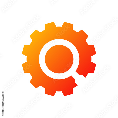 Investigación industrial. Engranaje con lupa en espacio negativo de color naranja