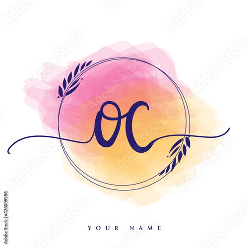 OC Initial handwriting logo. Hand lettering Initials logo branding, Feminine and luxury logo design isolated on colorful watercolor background.