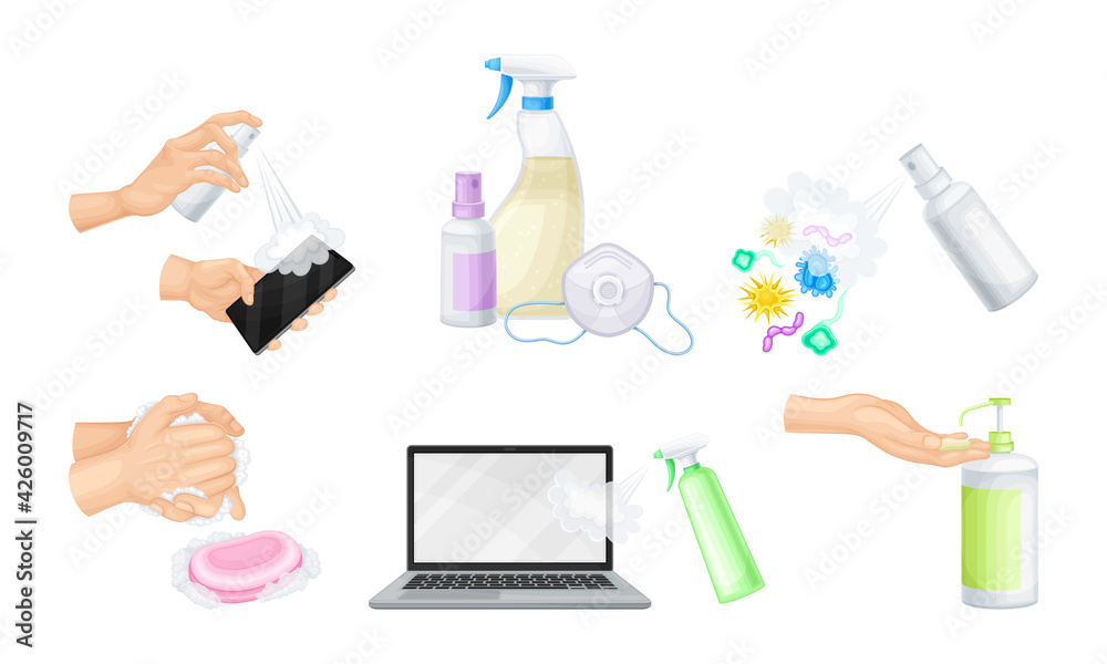 Bacterial Purification and Disinfection with Detergent and Disinfectant in Dispenser Bottle and Hand Using Aerosol Spray Vector Set Bacterial Purification and Disinfection with Detergent and Disinfectant in Dispenser Bottle and Hand Using Aerosol Spray Vector Set