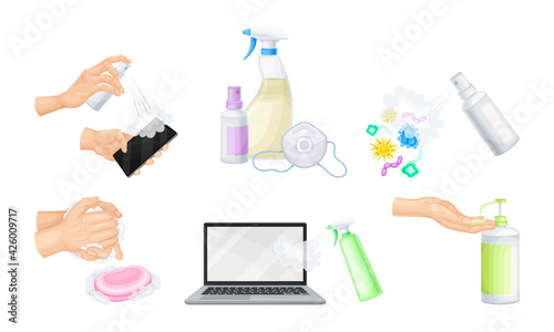 Bacterial Purification and Disinfection with Detergent and Disinfectant in Dispenser Bottle and Hand Using Aerosol Spray Vector Set