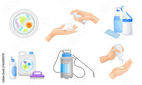 Bacterial Purification and Disinfection with Detergent and Disinfectant in Dispenser Bottle and Hand Using Aerosol Spray Vector Set