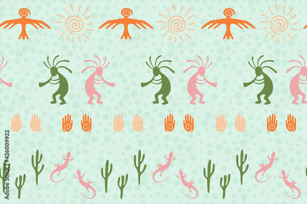 Folk, design with dancing god music spirit, wild nature, spiral signs. Folk, design with dancing god music spirit, wild nature, spiral signs.