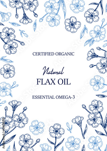 Hand drawn flax vertical design. Vector illustration in sketch style for linen seeds and oil packaging