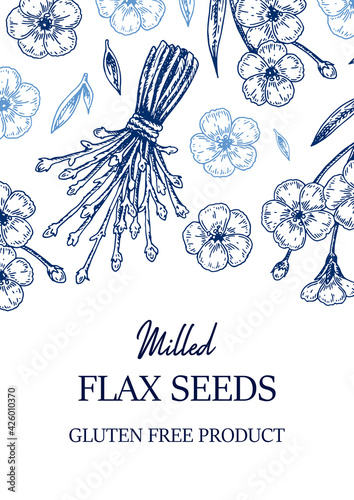 Hand drawn flax vertical design. Vector illustration in sketch style for linen seeds and oil packaging