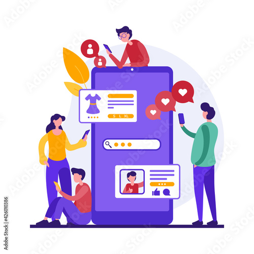 Likes addiction concept. Vector illustration of young men and woman following blogger and browsing online shop in social media on contemporary digital devices. Smartphone addiction