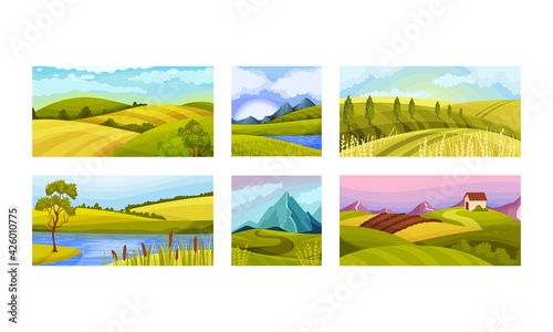 Green Landscapes with Hills and Clear Sky Vector Illustration Set