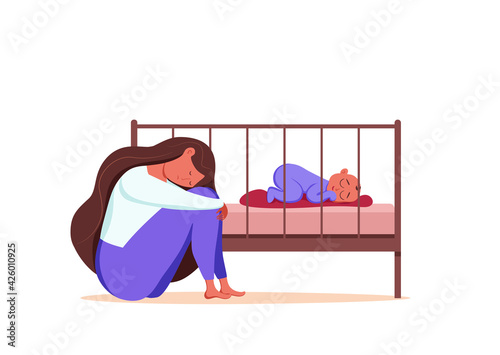 Postpartum depression illustration of sad tired woman near newborn baby sleeping in flat style.