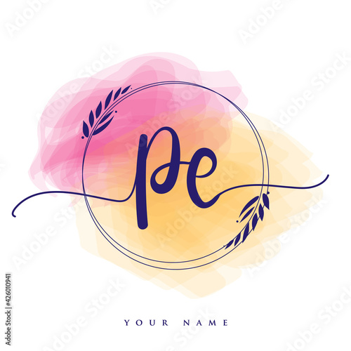 PE Initial handwriting logo. Hand lettering Initials logo branding, Feminine and luxury logo design isolated on colorful watercolor background.