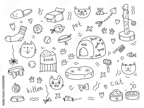 Set of cat and pet hand drawn accessories elements: fishbone, food, leash, mouse. For the design of cat themes: caring, grooming a cat. Doodle sketch style vector illustration.
