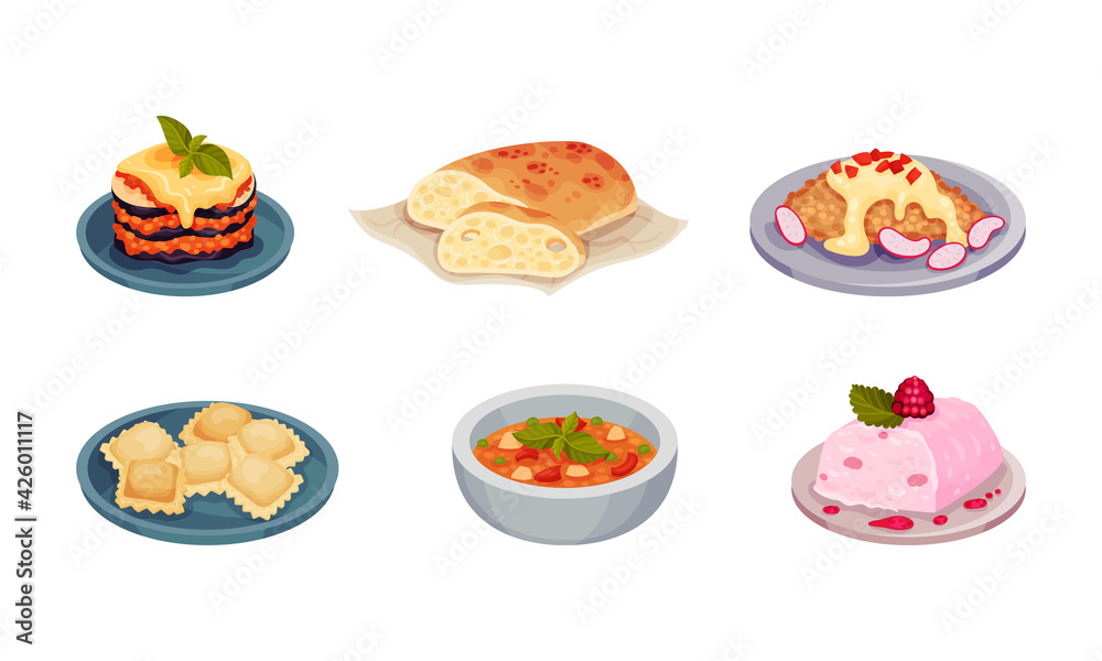 Italian Cuisine Dishes with Minestrone Vegetable Soup and Pasta Vector Set