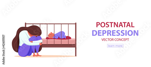 Postpartum depression illustration of sad tired woman near newborn baby sleeping in flat style.