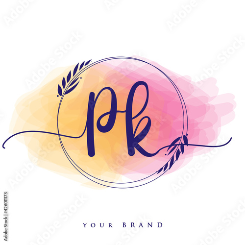 PK Initial handwriting logo. Hand lettering Initials logo branding, Feminine and luxury logo design isolated on colorful watercolor background.