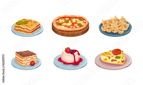 Italian Cuisine Dishes with Pizza and Tiramisu Dessert Vector Set