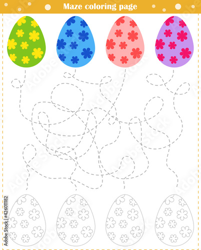  Logic game for children. Go through the maze and paint the eggs according to the pattern