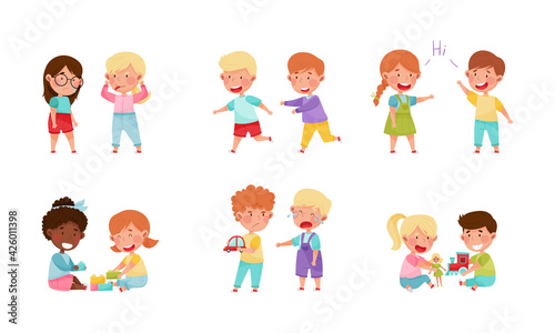 Friendly and Hostile Kids Playing Together Vector Illustrations Set