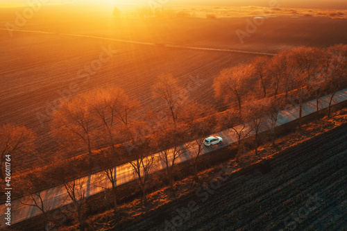 Drone photography of single white car on the road in sunset