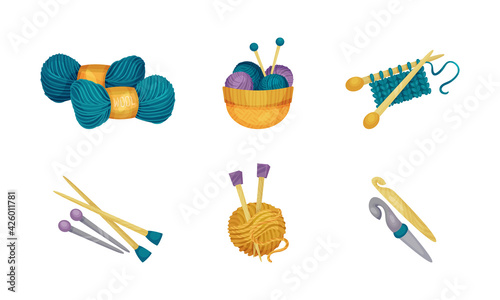 Crewel or Wool Balls and Knitting Needle or Knitting Pin as Needlework Vector Set