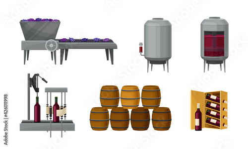 Grape Wine Production with Alcoholic Fermentation and Pouring in Bottles Process Vector Set