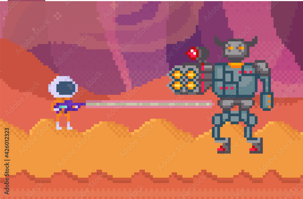 Pixelated alien in space suit with blaster shooting robot. Pixel characters with weapon are fighting - obrazy, fototapety, plakaty 