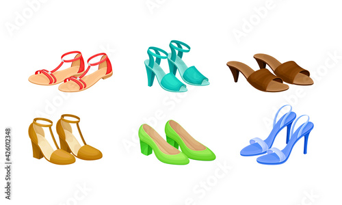 Fotografia Womens Shoes with High Heels and Flat Sole Vector Set