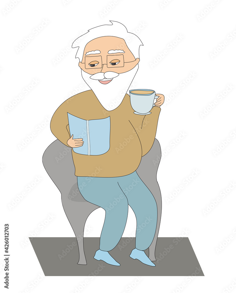 The old man reads a book and drinks coffee