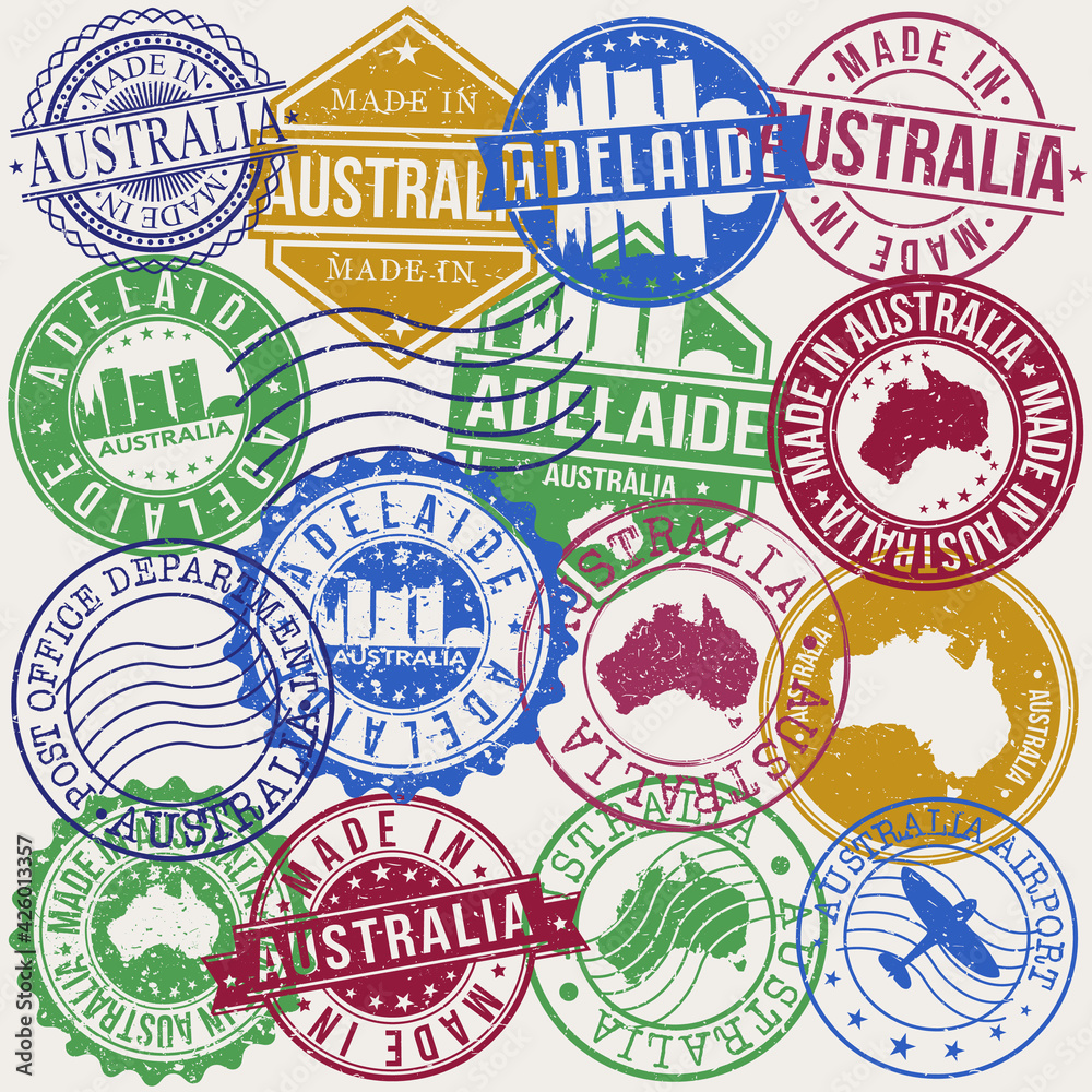 Adelaide Australia Set of Stamps. Travel Stamp. Made In Product. Design