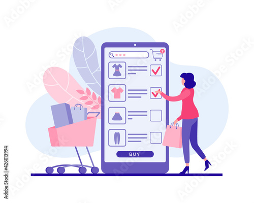 Clothing store online. Woman buys clothes in mobile web application vector flat illustration. Female character sends items she likes to online shopping cart. Profitable discounts in online stores