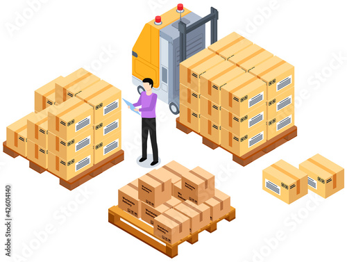 Worldwide sales concept. Worker loading boxes on carrier. Man holding box, put it on stack