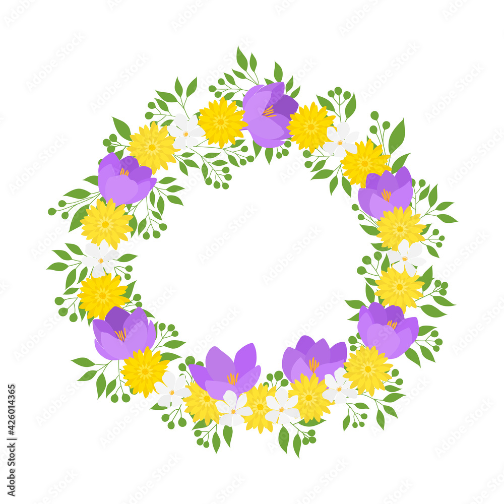 Flora decor frame wreath yellow purple flowers vector illustration Flora decor frame wreath yellow purple flowers vector illustration