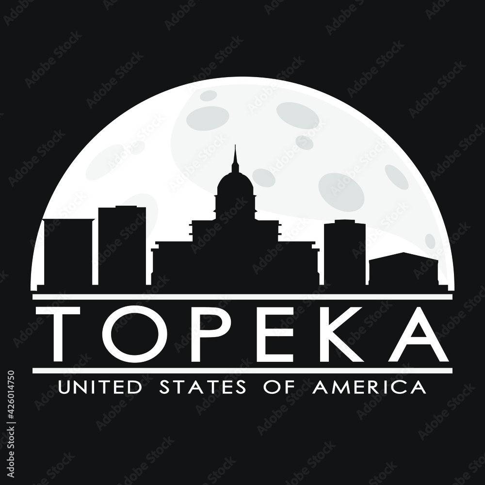 Topeka Kansas Full Moon Night Skyline Silhouette Design City Vector Art Illustration Background.