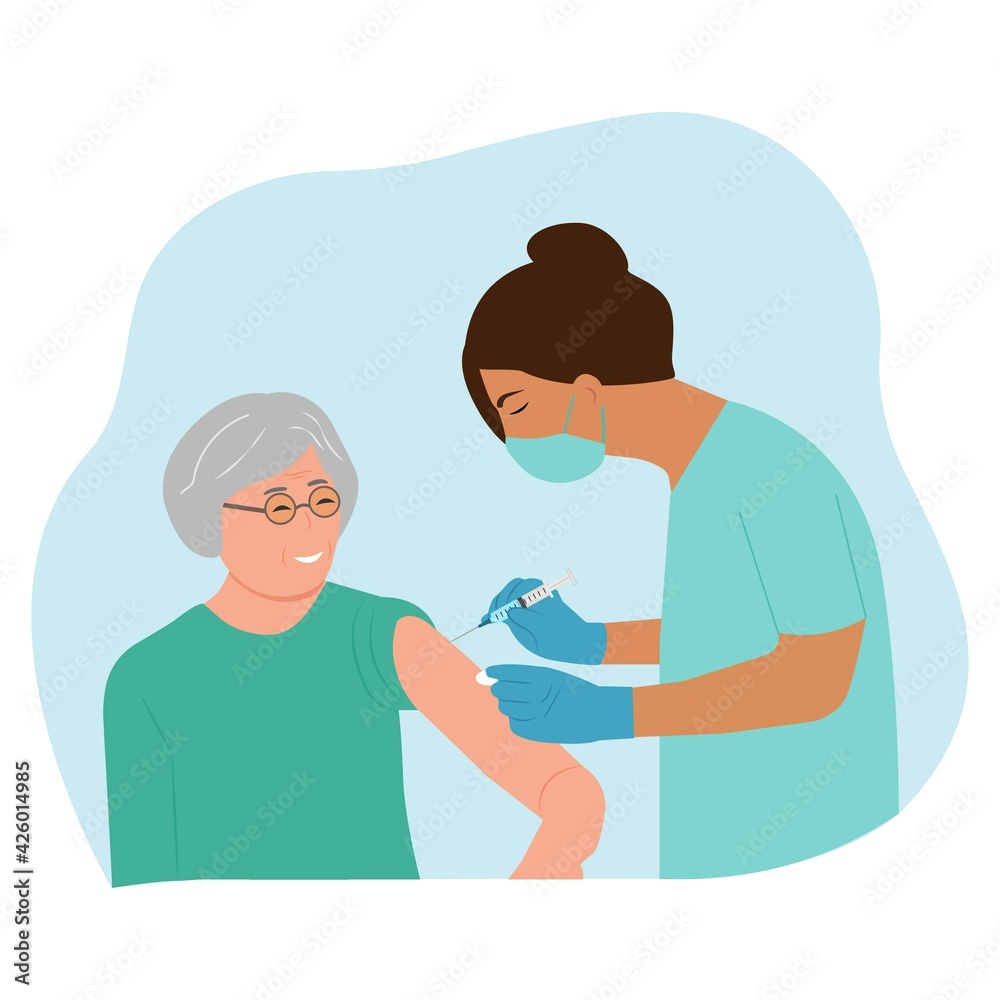 Vaccine elderly. Doctor holds an injection vaccination senior. Vaccination concept. Vector illustration. Vaccine elderly. Doctor holds an injection vaccination senior. Vaccination concept. Vector illustration.