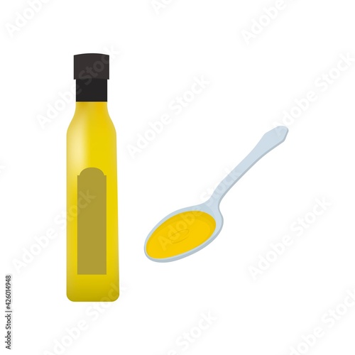 Olive oil glass bottle with Spoon of olive oil. Vector illustration on white background.