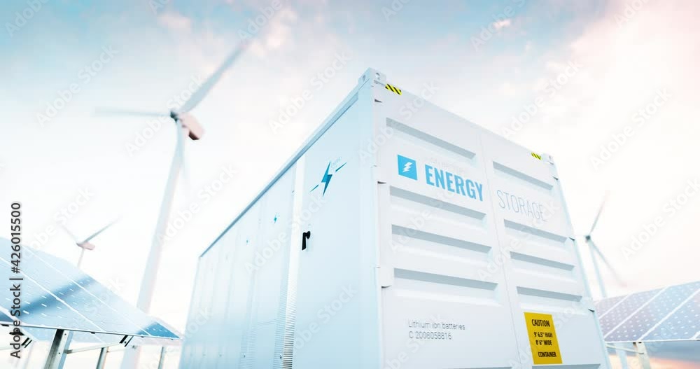 Modern battery energy storage system with wind turbines and solar panel power plants in background. 3d rendering clip