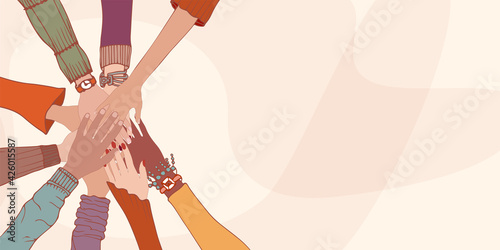 Community teamwork and cooperation. Diversity people.Group of hands on top of each other of different male and female people.Diverse culture.Racial equality.Oneness.Agreements. Helping