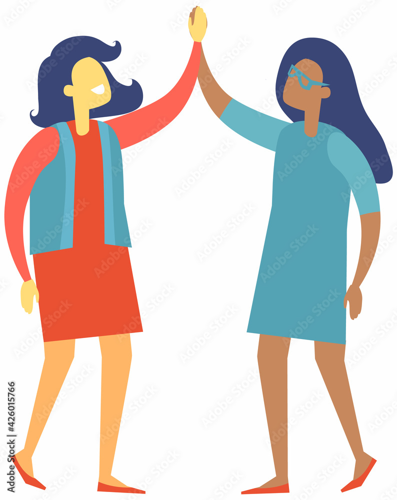 Two happy businesswomen shaking hands in agreement. High five business people isolated on white