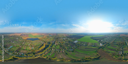 360-degree panoramic aerial view from drone to River and fields. Beautiful River and Green Meadows. Turn right. Majestic landscape.