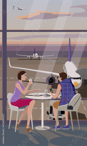 Airport cafe, terminal, airplane view, vector.