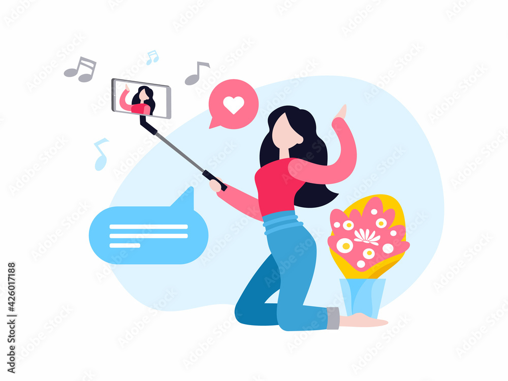Fototapeta premium Vlogger shooting video. Female cartoon character video blogger holding smartphone on selfie stick and taking selfie with flowers on floor. Internet influencer, fashion model. Flat vector illustration