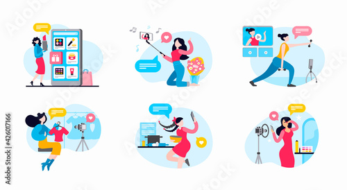 Female bloggers and vloggers making content, recording video live streaming and selfie. Fashion review, culinary blog, cosmetics product, fitness coach, makeup artist. Set of flat vector illustrations