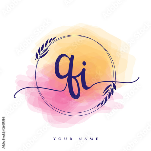 QI Initial handwriting logo. Hand lettering Initials logo branding, Feminine and luxury logo design isolated on colorful watercolor background.