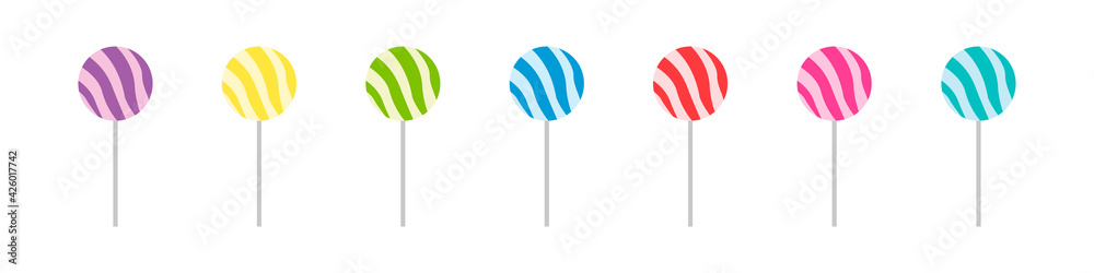 Set of colorful sweet lollipops. Round candies on a stick. Delicious and appetizing. Vector illustration. Set of colorful sweet lollipops. Round candies on a stick. Delicious and appetizing. Vector illustration.