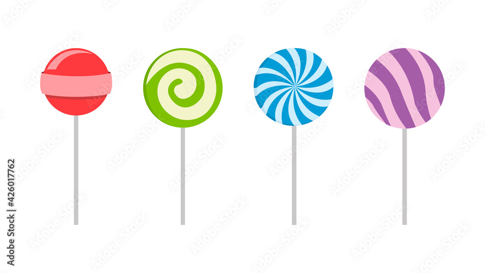 Set of colorful sweet lollipops. Round candies on a stick. Delicious and appetizing. Vector illustration. Set of colorful sweet lollipops. Round candies on a stick. Delicious and appetizing. Vector illustration.