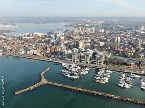 aerial view of Poole harbour and the historic Quay area seen on a sunny calm morning © chris