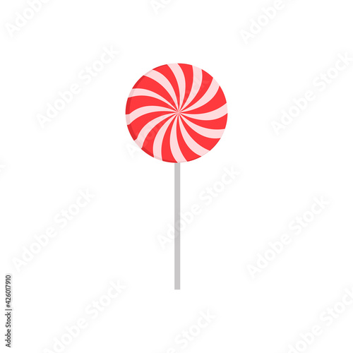 Colorful sweet lollipop. Round candy on a stick. Delicious and appetizing. Vector illustration.