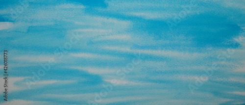 Hand painted aqua marine blue and white color texture. Watercolor abstract painted background. Horizontal image style. Top view.