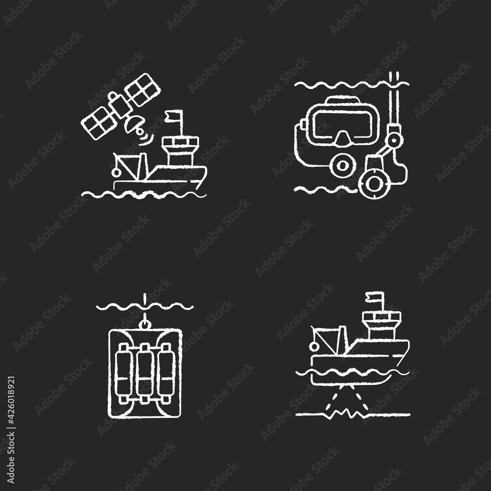 Marine exploration chalk white icons set on black background. Taking water sampler from ocean or sea with use of special equipment. Isolated vector chalkboard illustrations Marine exploration chalk white icons set on black background. Taking water sampler from ocean or sea with use of special equipment. Isolated vector chalkboard illustrations