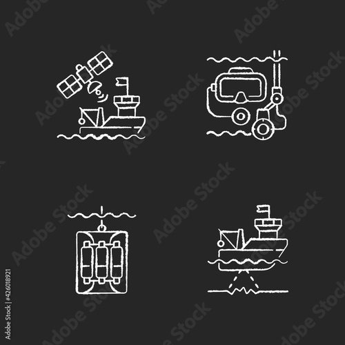 Marine exploration chalk white icons set on black background. Taking water sampler from ocean or sea with use of special equipment. Isolated vector chalkboard illustrations