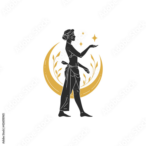 Beauty woman with moon crescent and stars silhouette modern drawing style